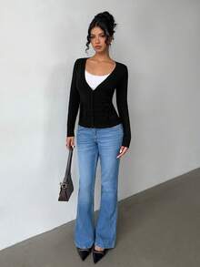 Jeanoix 女式休闲纯色纽扣薄款开衫 - 黑色 - 查看 5