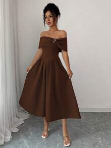 Elenzga 女式时尚露肩短袖水钻装饰喇叭中长连衣裙 - 咖啡 - 查看 5