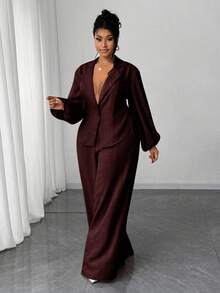 Maweii Plus Size Women Solid Color Lantern Sleeve Single-Breasted Jacket And Wide Leg Pants Casual 2 Pieces Set