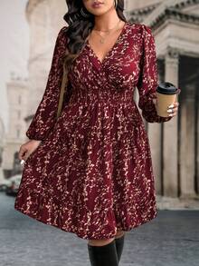 SHEIN LUNE 秋季大码女式花卉印花长袖荷叶边下摆连衣裙 - 酒紅色 - 查看 1