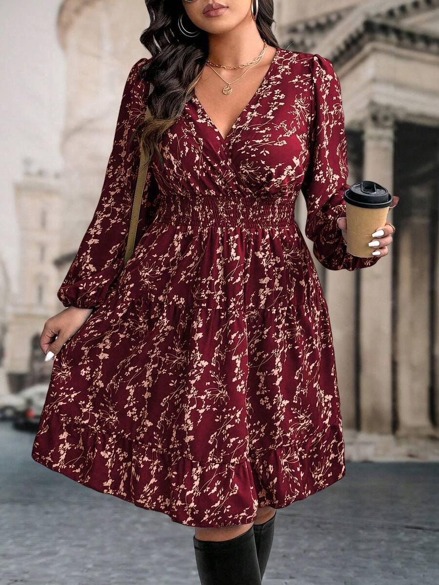 SHEIN LUNE 秋季大码女式花卉印花长袖荷叶边下摆连衣裙 - 酒紅色 - 查看 1