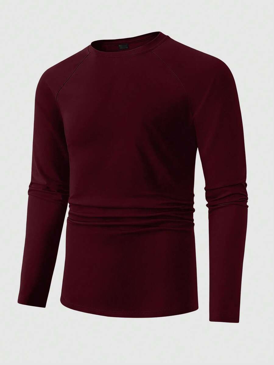 Manfinity Homme Plus Size Men's Solid Color Crew Neck Long Sleeve Pleated T-Shirt - Burgundy - View 1