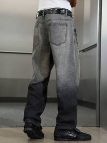 Manfinity ZONE917 Jeans casual da uomo con vestibilità ampia e stampa a teschio sulla mano, jeans neri e grigi sfumati, jeans da uomo bicolore