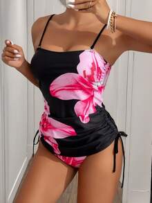 Zestiva Women Localized Print Tankini Swimsuit Set, Elegant Vacation Casual Design For Summer - Black - View 5