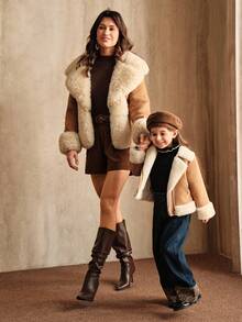 SHEIN 女童秋冬羊毛领夹克，时尚简约通勤搭配家庭装，拉链装饰长袖，加高 - 駝色 - 查看 7