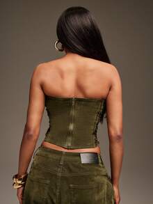 Denimoi Áo corset buộc dây bằng vải nhung denim đã giặt - xanh quân đội - Xem 5