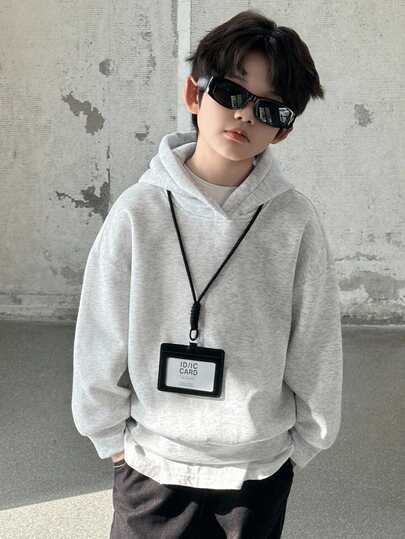 DAZY Plus Size Boys' Casual Solid Color Fleece Lined Hoodie Sweatshirt, Basic Style For Students, Cool Autumn