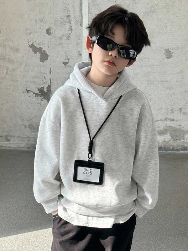 DAZY Plus Size Boys' Casual Solid Color Fleece Lined Hoodie Sweatshirt, Basic Style For Students, Cool Autumn