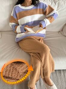 DAZY 两件套女士宽松条纹针织长袖上衣和裤子套装，秋冬季休闲睡衣套装，保暖内衬，蓬松舒适 - 卡其色 - 查看 3