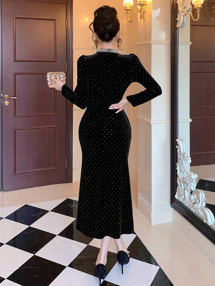 Elegant Luxury Evening Dress, Waist Cinching Slim-Fit Rhinestone & Pearl Embellished Velvet Mermaid Gown,New Year,Christmas