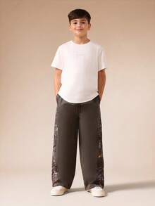 SUMWON 男童阔腿休闲裤，侧边迷彩拼接设计，抽绳腰带，适合度假穿着 - 棕色 - 查看 3