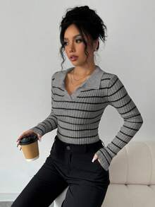 SHEIN Elenzya Áo len dài tay cổ bẻ kẻ sọc thường ngày dành cho nữ, Thu/Đông - Xám - Xem 4