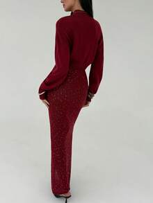 Aloruh Wine Red Stand Collar Loose Top + Wine Red Sequin Yarn Tight Extra Long Skirt