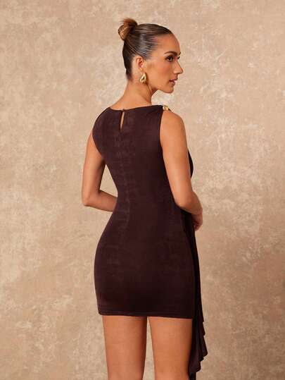 Lumalex Fall Metal Boat Neck Ruched Draped Bodycon Mini Dress Women Luxe Prom Gathering Banquet Modest Old Money Coquette Glitter Holiday Rave Festival Outing Vacation Hot Outdoor Richly Layered Wedding Season Looks Of Gala Night view 2