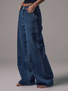 MUSERA Mid Waist Wide Leg Mid Blue Wash Silver Button Detail Denim Jeans Mid Rise Casual Fall Autumn Winter Night Out Back To School Office Work Date Night Core Denim  Chic