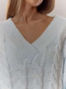 MUSERA Cable Knit V Neck Drop Shoulder Jumper Everyday Cosy Winter Blue And Brown - Baby Blue - View 6