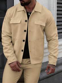 Manfinity CasualCool Veste à manches longues avec boutons devant, couleur unie, pour hommes. Idéale pour les sorties décontractées, les week-ends, les activités de plein air, les voyages, les environnements de travail décontractés ou les occasions semi-formelles. Cadeau pour petit ami/mari, cadeau d'anniversaire, Noël, printemps/automne, automne/hiver - Kaki - Voir 6