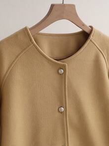 Franclia 女士中长款圆领纽扣宽松羊毛大衣，秋冬 - 駝色 - 查看 6