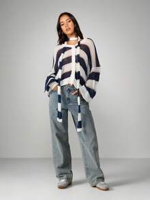 MISSGUIDED 超大条纹开襟长袖针织毛衣秋冬分层必备单品 - 彩色 - 查看 3