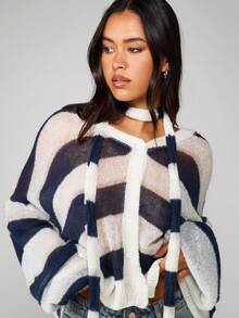 MISSGUIDED 超大条纹开襟长袖针织毛衣秋冬分层必备单品 - 彩色 - 查看 5