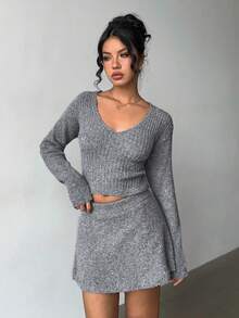 Flirla Jeanoir Two Pieces Sweater Cardigan And Sweater Skirt Set, Casual Ladies Sweater Set - Grey - View 6