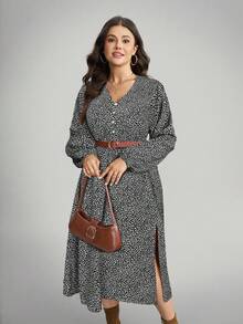 SHEIN LUNE 大码秋装女式豹纹 V 领长袖优雅开衩下摆连衣裙，秋冬/感恩节女装/万圣节服装/长款女装/秋装曲线感恩节装节日装节日派对连衣裙加大码 - 黑色 - 查看 5