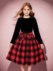 Vestido a cuadros negro y rojo para adolescentes, diseño elegante y sencillo, vestido corto de manga larga con cuello de terciopelo negro, adecuado para la escuela, vacaciones o fiestas en otoño/invierno; Vestido de manga larga a cuadros rojos y negros con cintura ajustada y falda en línea A, atuendo para fiesta de Navidad - Multicolor - Ver 7