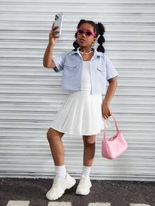 SHEIN Tween Girls Blue Striped Short Front-Pocket Collar Shirt - Multicolor - View 5