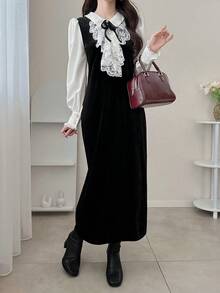 FRIFUL 女士常规领修身蕾丝荷叶边天鹅绒连衣裙 - 黑色 - 查看 2