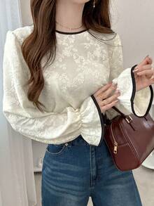 FRIFUL Women's Floral Embroidered Trim Round Neck Flare Sleeve Elegant Blouse Long Sleeve Top