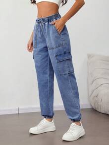 SHEIN Tall 女士休闲修身工装牛仔裤，蓝色 - 中等水洗藍 - 查看 3