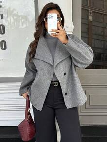 Easura 大码女式休闲新款复古硬币翻领单排扣高领灰色羊毛混纺粗花呢夹克，秋冬
