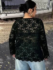 Calvaya Plus Size New Arrival High-End Sweet & Spicy Hollow-Out Lace Blouse - Dark Green - View 2