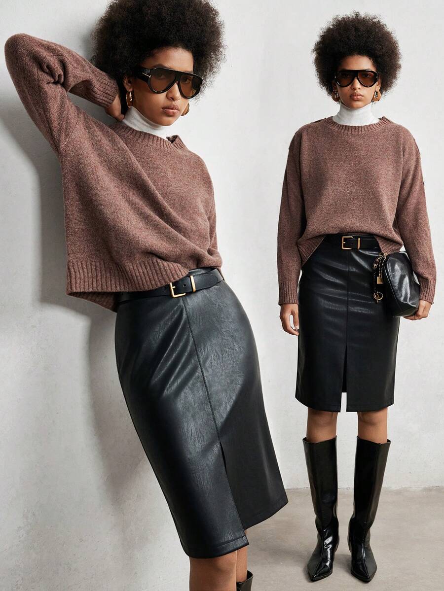 Lumivelle Women's Autumn/Winter PU Leather Slit Elegant Urban Commuting Style Mid-Length Skirt Leather Skirts  Black Skirt - Black - View 1