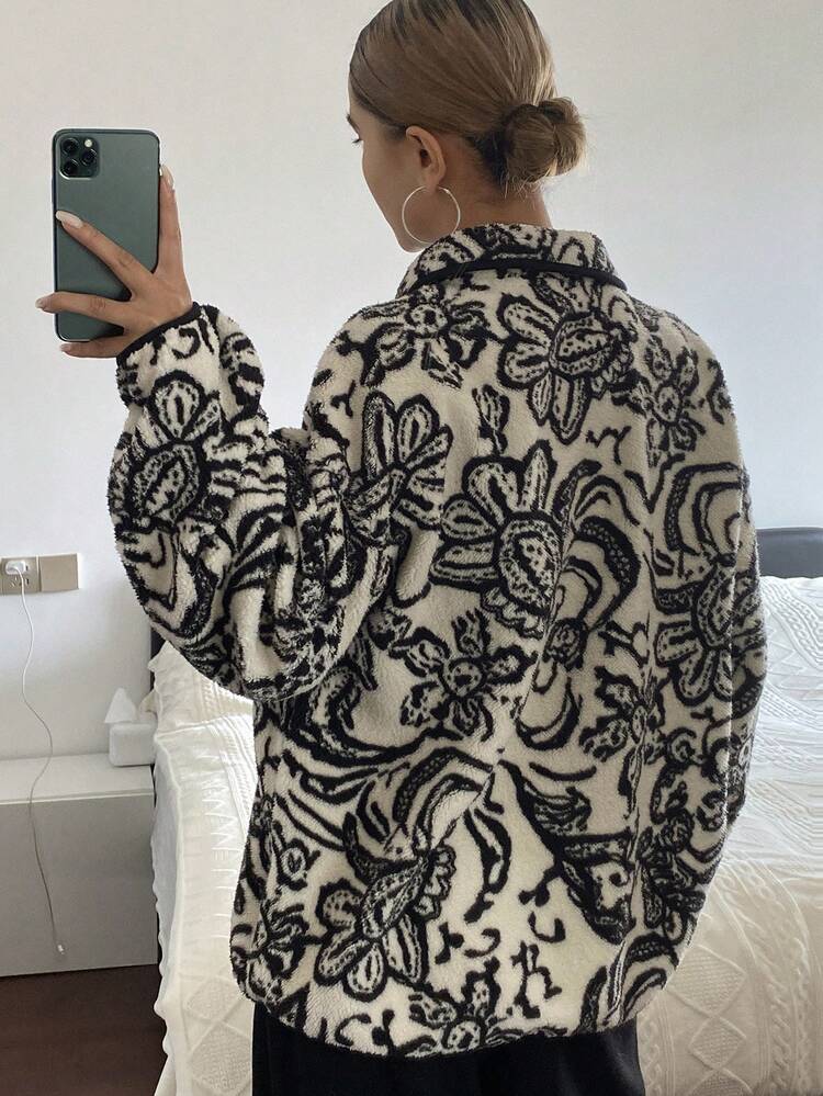 Floral Printed Thermal Lined Loose Fit Casual Street Style Crew Neck Long Sleeve Sweatshirt For Women, Autumn/Winter