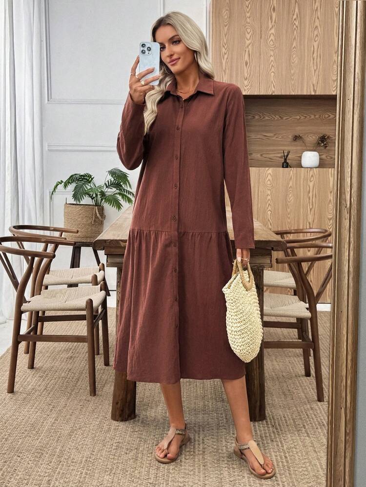 Women's Casual Everyday Commute Simple Solid Color Flowy Hem Shirt Dress, Spring/Autumn Long Sleeve Summer Dress Casual Midi Dress Long Cotton Dress Summer Modest Dress Autumn Dress Women Dresses Autumn Winter  One-Piece Dress Ladies Autumn Winter Cozy Fall And Winter Clothes For Women