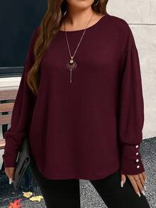 EMERY ROSE Plus Size Women Fall/Winter Casual Solid Color Round Neck Drop Shoulder Long Sleeve Casual Loose T-Shirt,Autumn,Going Out,2025 New,Simple And Fashionable For Everyday Wear, Winter, Christmas,New Year,Thanksgiving
