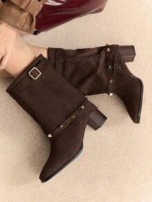 Rosivie CUCCOO 女式方头舒适高跟一脚蹬咖啡色绒面革侧拉链踝靴 - 咖啡棕 - 查看 4