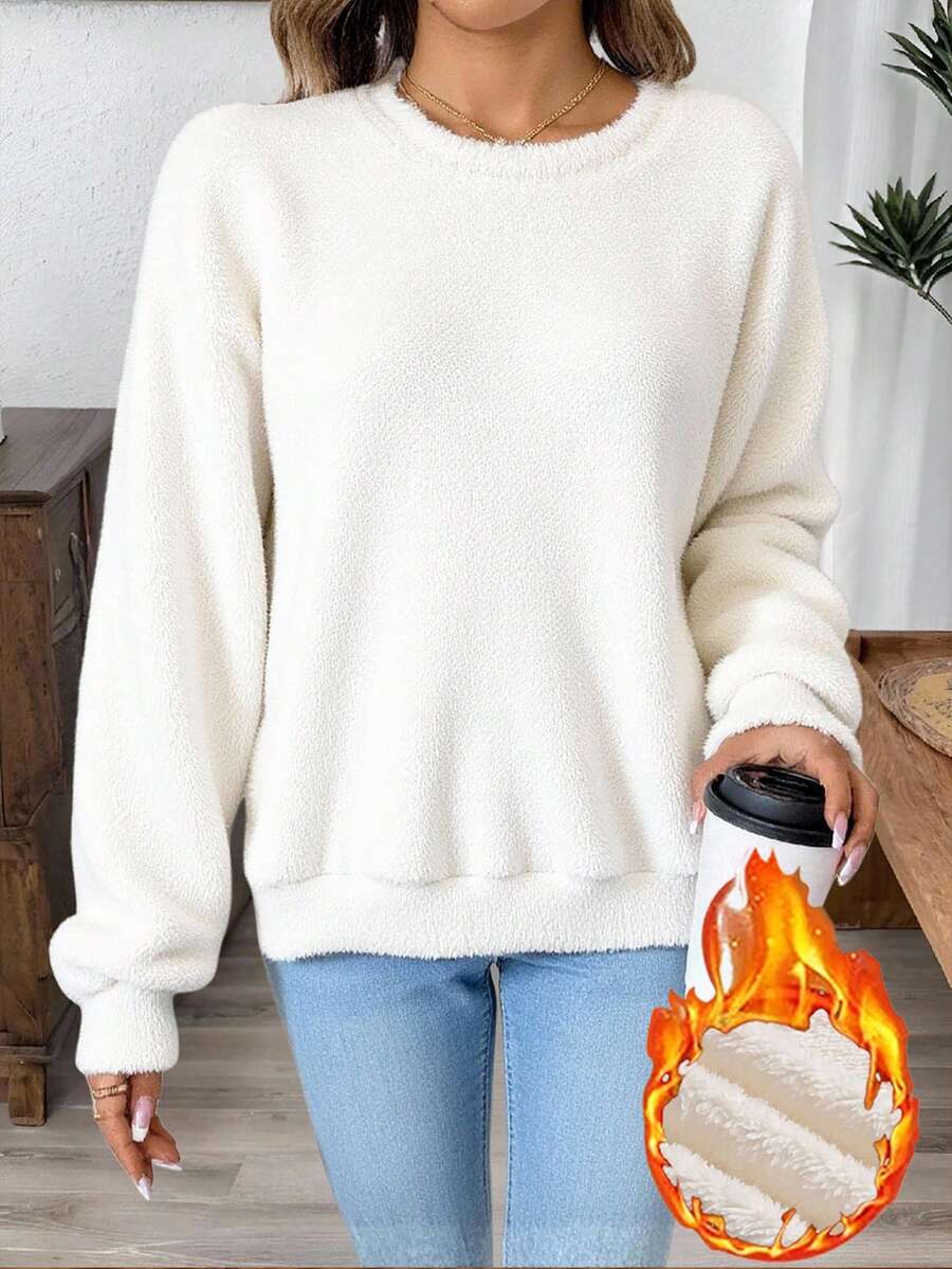SHEIN LUNE Sweatshirt Wanita Kasual Minimalis Warna Putih Bahan Fleece Lembut Dua Sisi, Cocok untuk Musim Gugur/Dingin - MultiWarna - View 1