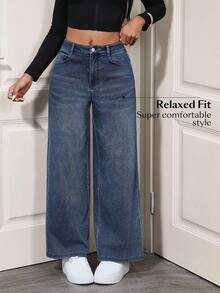 Flexra Damen Jeans mit Knopf- und Reißverschlusstasche, gewaschen, gerades Bein, lässig