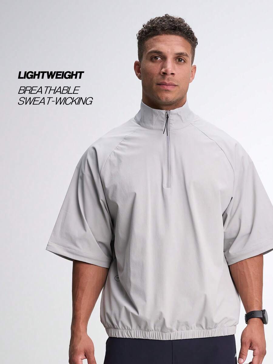 Men's Solid Color Raglan Short Sleeve Zip-Up Half Placket Casual Shirt - Light Grey - View 1