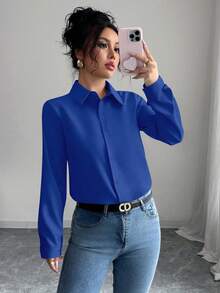 Elenzga Blouse ample à manches longues de couleur unie pour femmes, convenant pour le travail, les affaires, les déplacements, le printemps/l'automne - Bleu azur - Voir 5