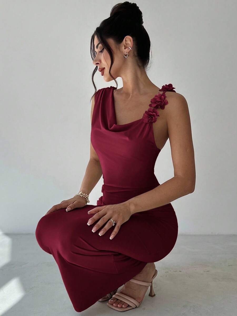 Firerie Vestido recto con hombros asimétricos, sin mangas, con estampado floral y lazo en la espalda, elegante, romántico y encantador, adecuado para fiestas, bodas, graduaciones y otros eventos, ideal para el verano, el regreso a la escuela, el aeropuerto y salidas - Burdeos - Ver 1