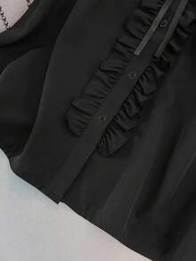 Franclia Damen Bluse in Große Größen mit rundem Ausschnitt, Rüschenkragen, ärmellos, Knopfleiste, elegant, vintage, süß, Lässig, figurbetont - Schwarz - Übersicht 4