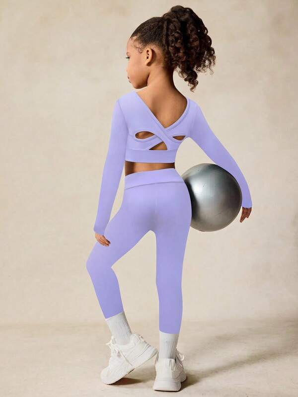 Komplet odzieży sportowej dla młodych dziewcząt, bardzo elastyczny, z długim rękawem, z krzyżowym wzorem na plecach, z wycięciami na plecach, na powrót do szkoły, na co dzień