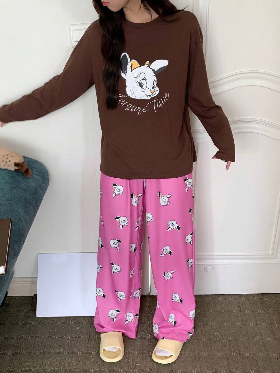 DAZY Cartoon Muster Locker Sitzende T-Shirt Top & Pyjama Hose 2 Stücke Schlafanzug Set für Frauen