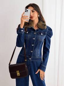 Elenzga 女式休闲水洗前扣拼布毛领牛仔夹克，秋季 - 深色水洗藍 - 查看 4