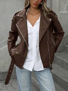 Aveloria Modichic Fashionable PU Leather Motorcycle Jacket For Women, New Slim Fit Stand Collar Long Sleeve Short Bomber Coat, Spring & Autumn  - Coffee Brown - View 3