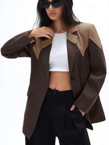 GENKIRA 女式现代设计拼色翻领拼布解构休闲长袖西装外套 - 卡其色 - 查看 3