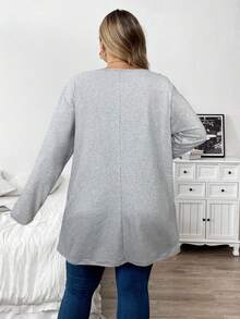 SHEIN CURVE+ 秋季大码纯色休闲长袖T恤 - 灰色 - 查看 2